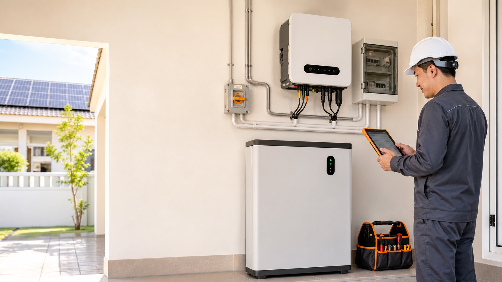 SS Solar technician checking an installed inverter and battery system